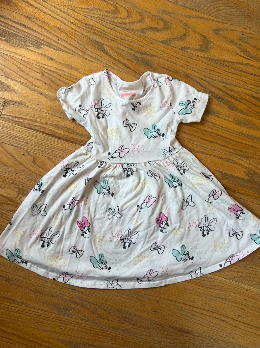 Girls White Minnie Mouse Print Cotton Dress - Pink & Teal Bows